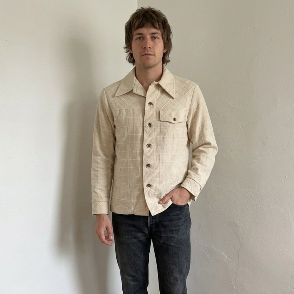 Vintage 1970s JCPenney Jacket Mens 40 Medium Cream‎ Textured Grid Point Collar